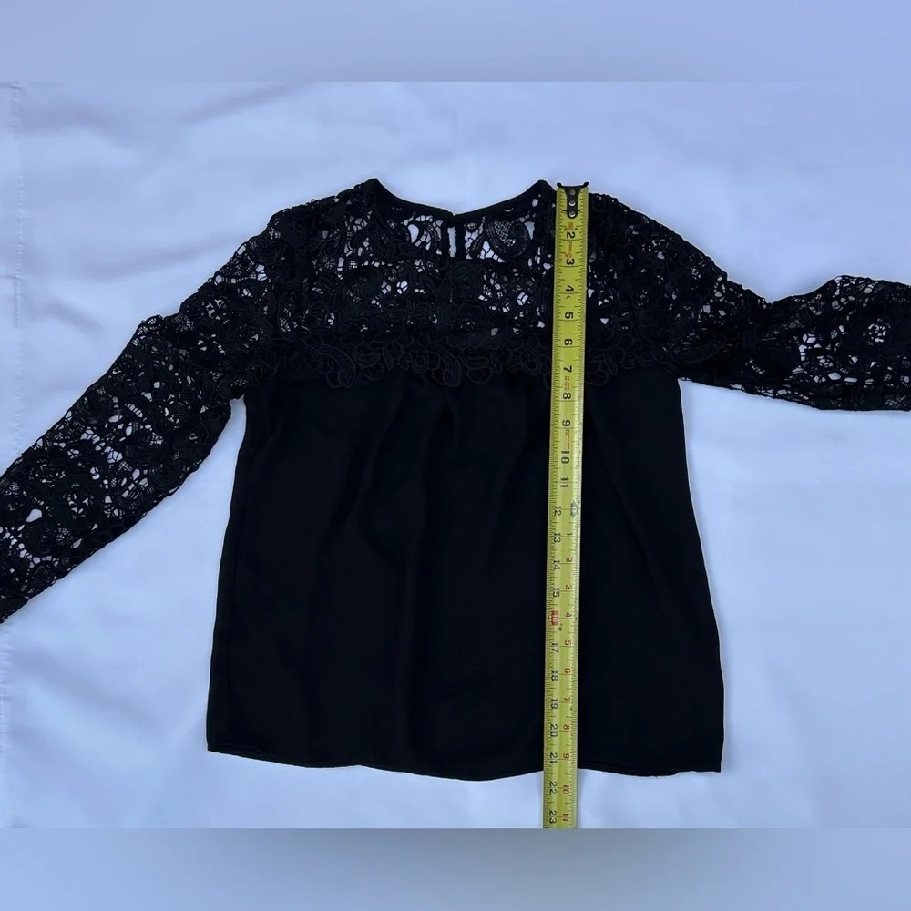 J.Crew Black Lace Long Sleeve Blouse XXS – Elegant Sheer Yoke Holiday Party Top